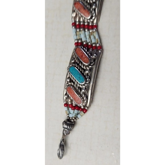 Sterling Silver .925 Coral, Turquoise Bracelet Balinese Made (defect) - Picture 5 of 7